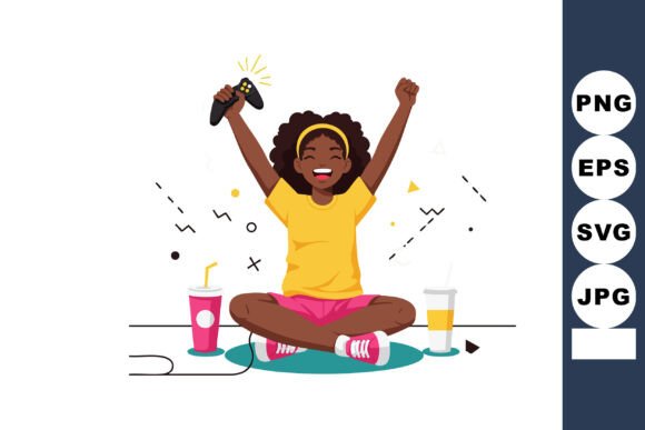 Happy Young Girl Playing Video Games Wit: Graphics & Illustrations