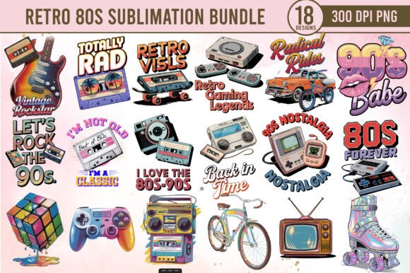 Retro 80s Sublimation Bundle: Bold Graphics & Illustrations